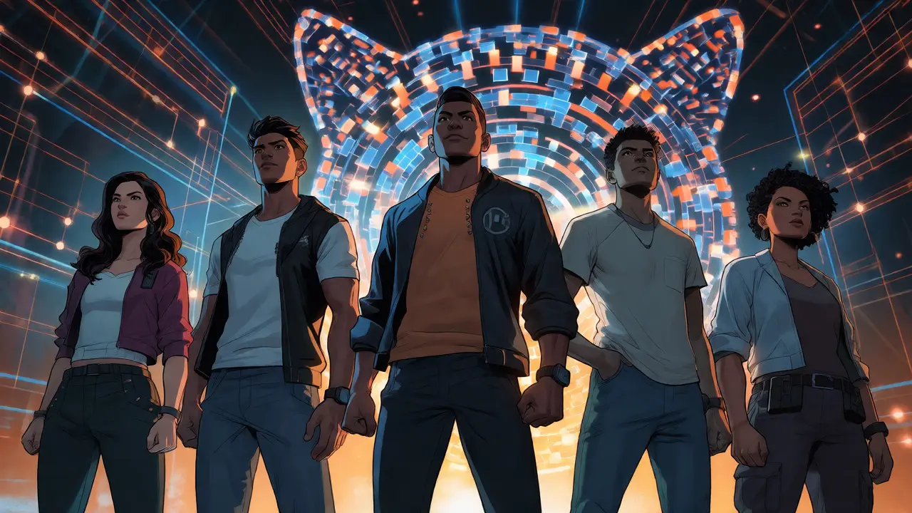 Diverse group standing before a glowing holographic cat blockchain interface