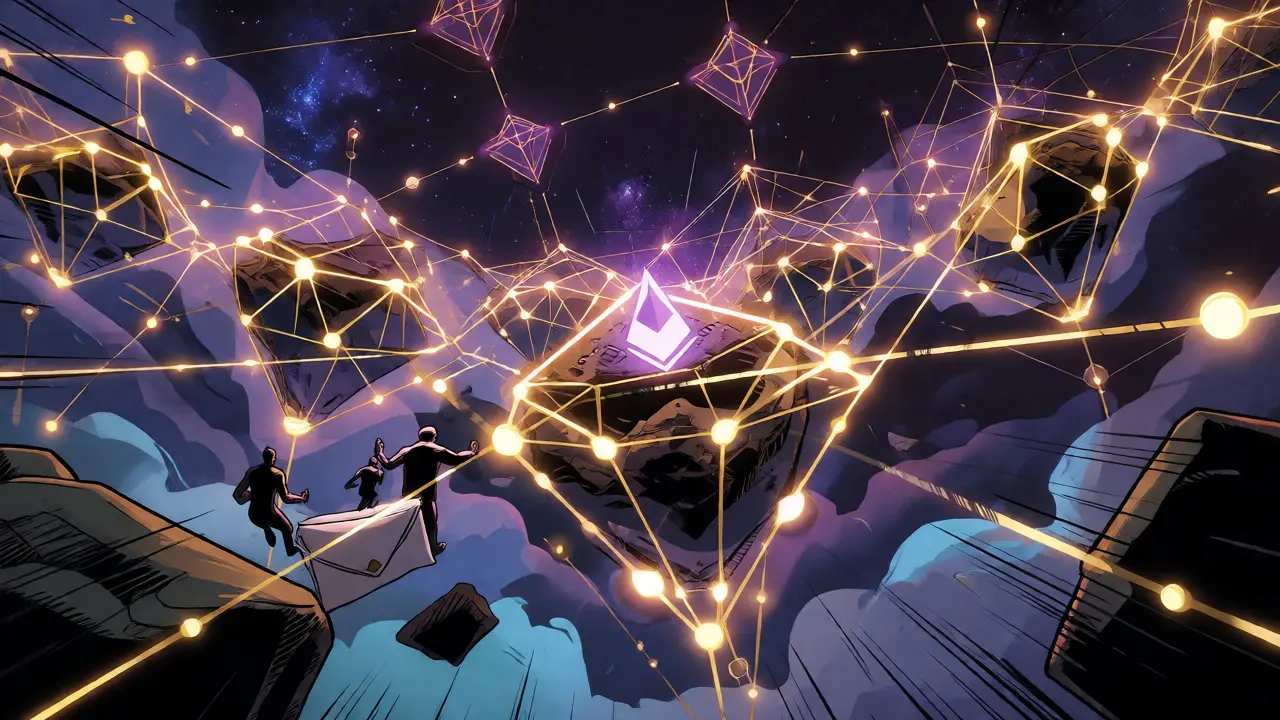Dynamic view of a glowing blockchain network connecting multiple chains with data packets.