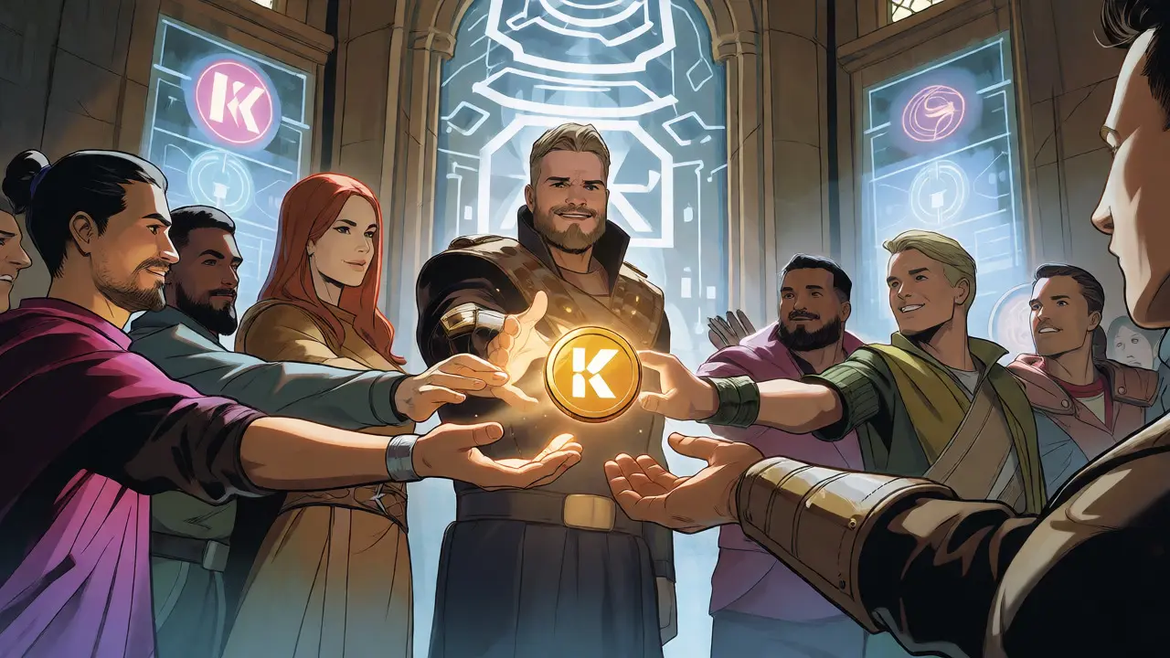 Fantasy heroes gathering around a glowing KNIGHT token