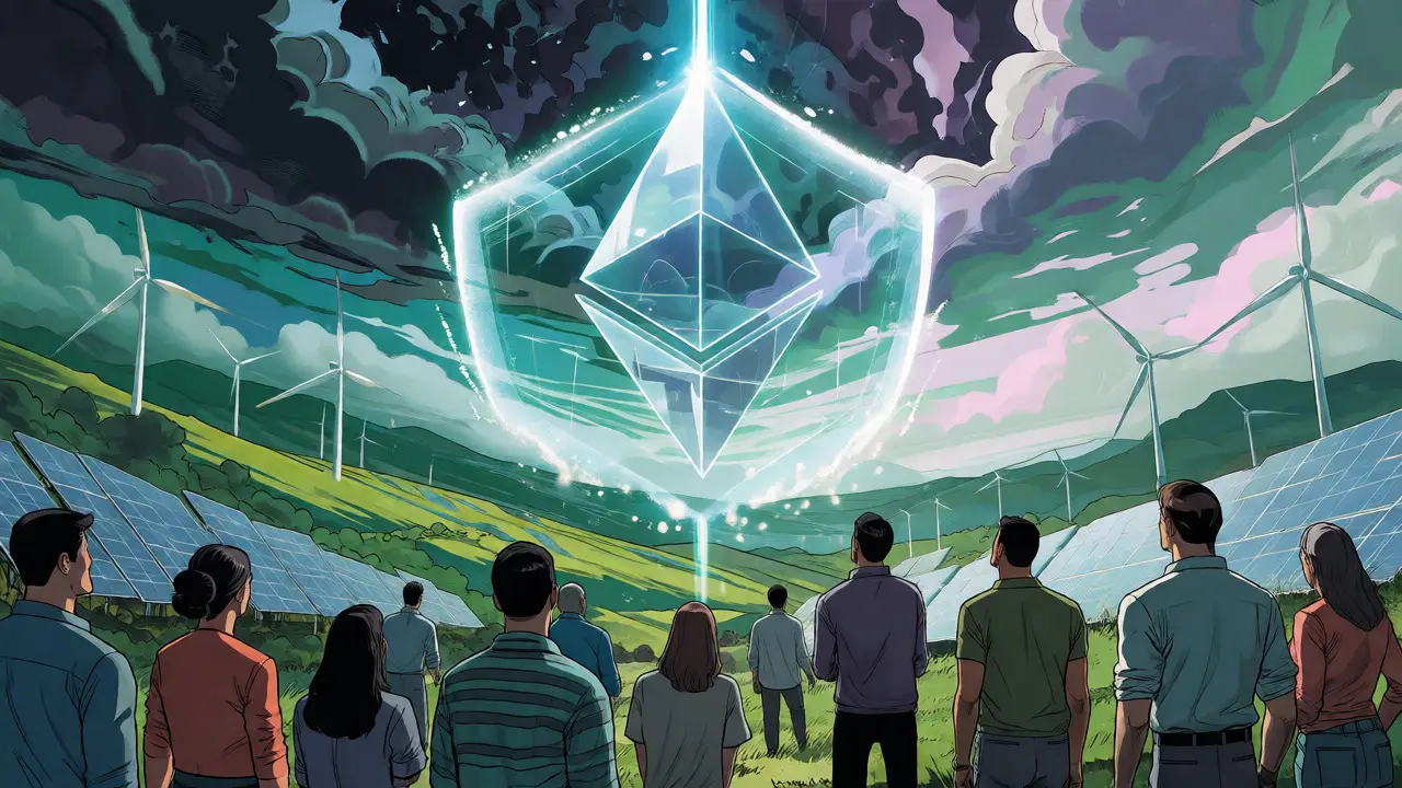 Futuristic green energy powering a clean blockchain network.