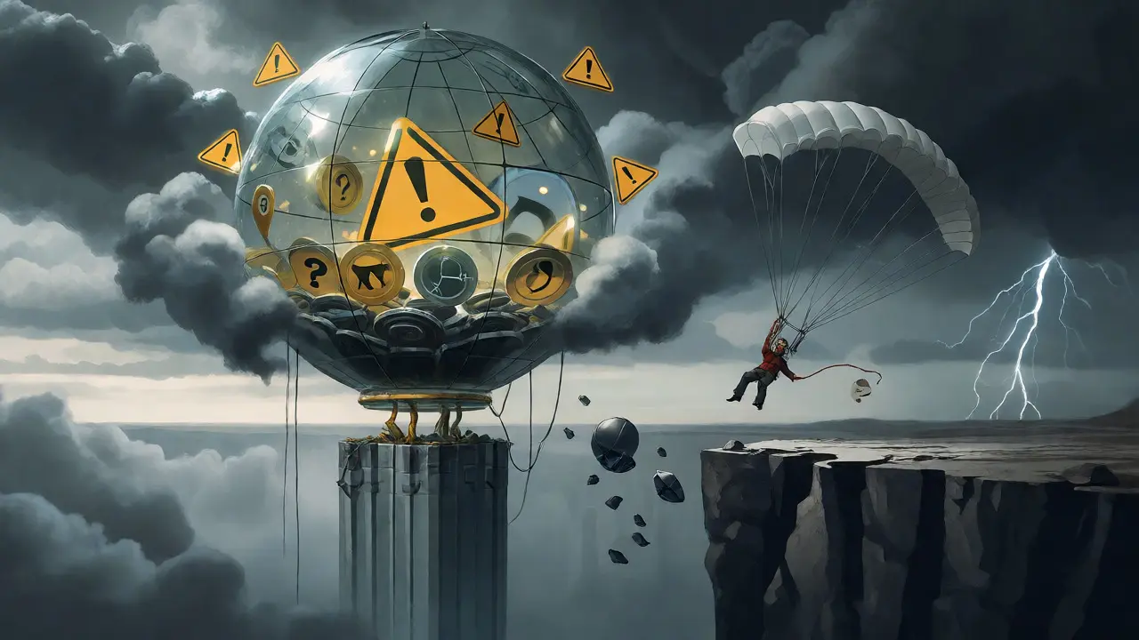Gaming tokens trapped in a fragile glass sphere above an abyss of regulatory risk.