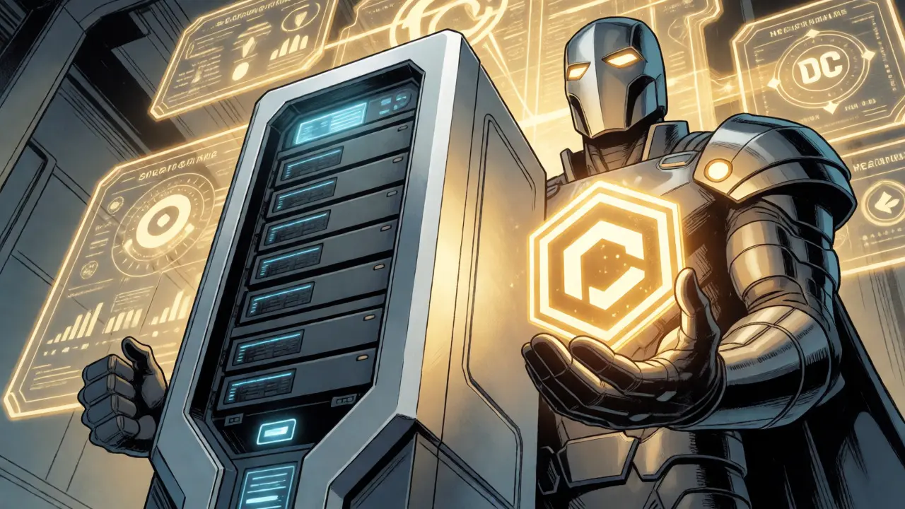 Guardian holding a glowing DAG token emblem protecting enterprise data servers.