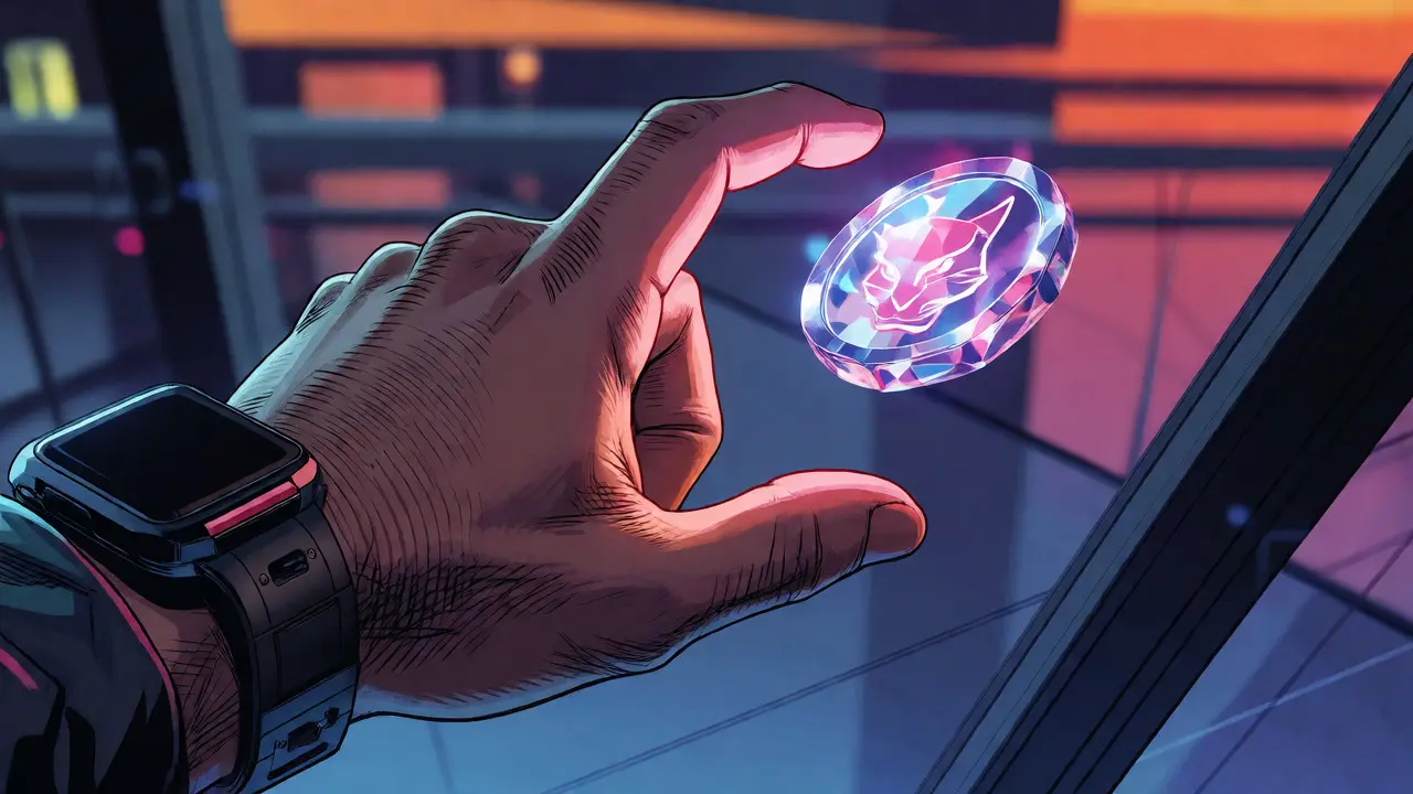Hand reaching for a glowing crystalline token against a twilight city backdrop