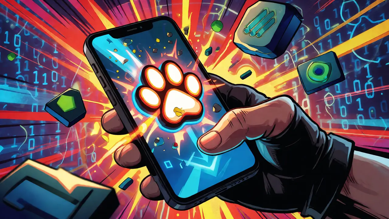 Hand tapping glowing paw icon on phone amidst digital energy bursts.