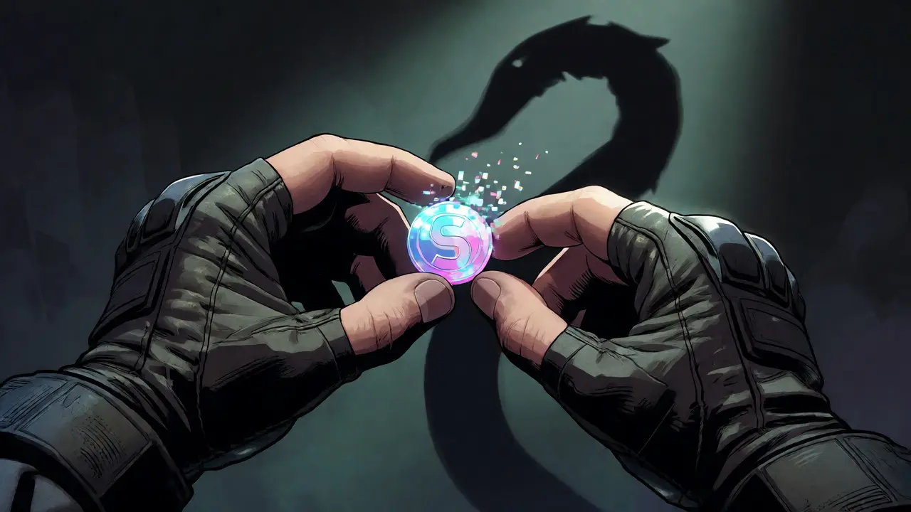 Hands securing a digital token while a shadowy threat lurks in the background.