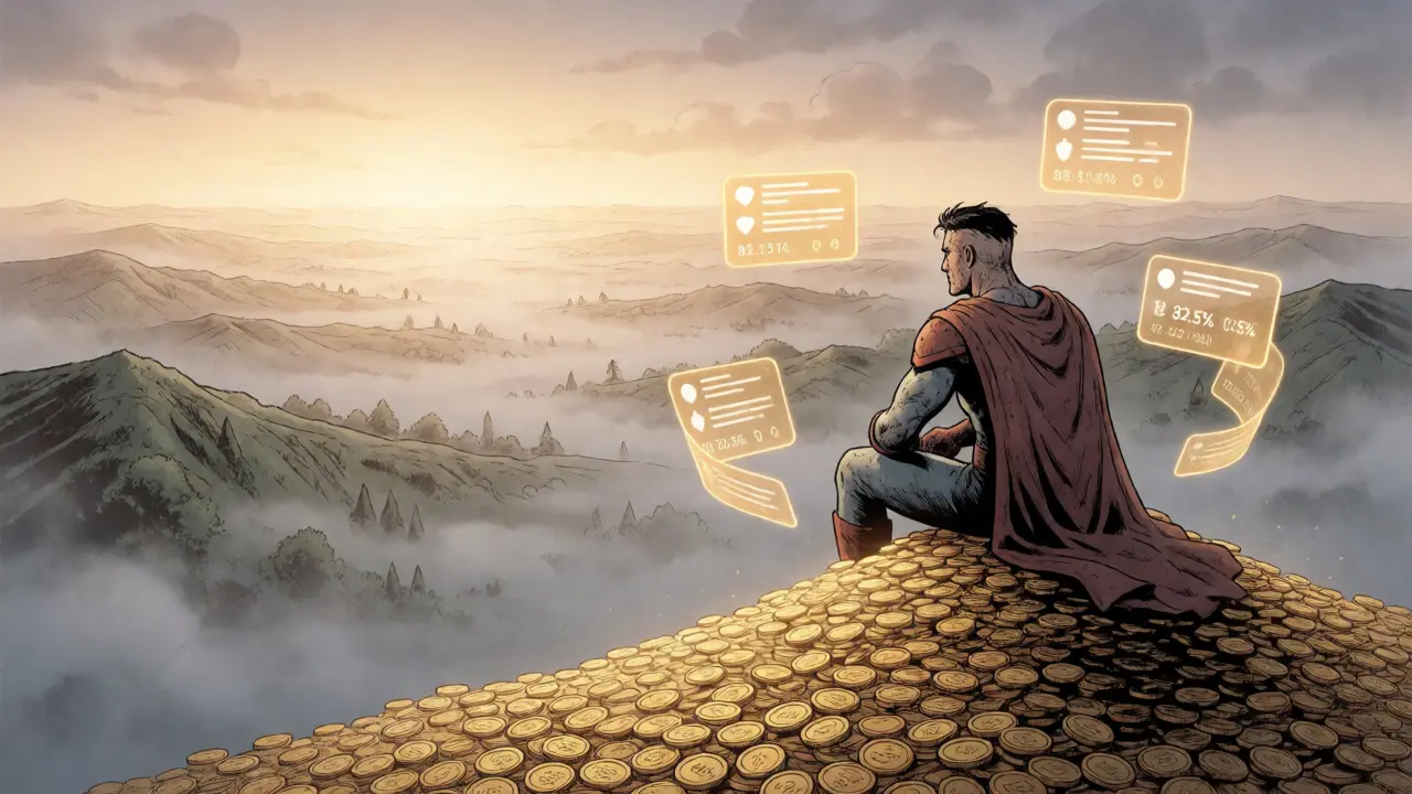 Hero sitting on a pile of coins overlooking a misty landscape symbolizing locked token supply.