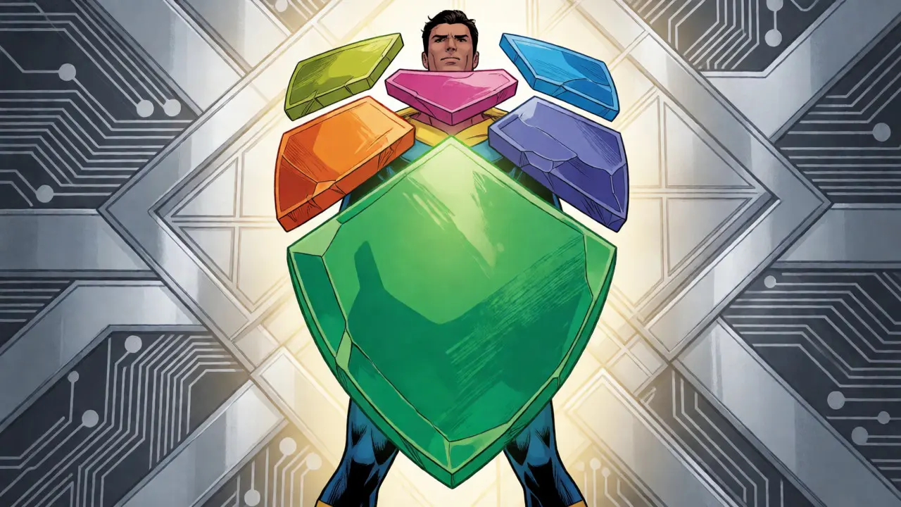 Heroic figure holds a shield made of five colored token allocation shards.