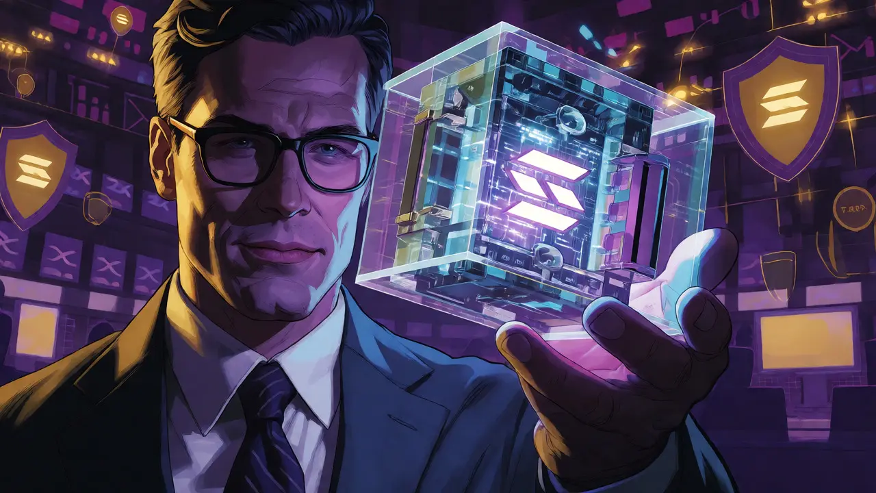 Investor holding transparent vault with Solana energy and retirement shields