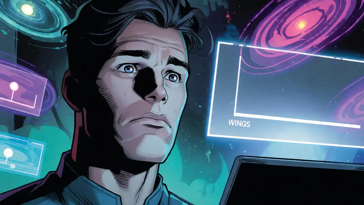Investor viewing flat holographic price chart amidst swirling DeFi galaxies