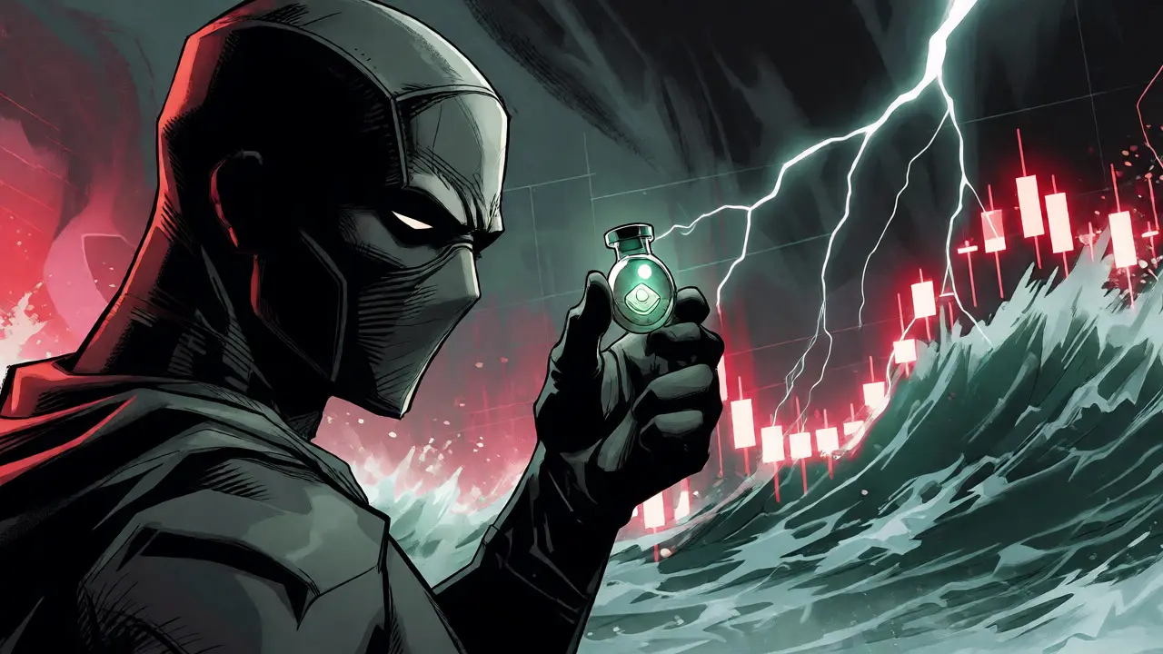 Masked figure overlooking volatile chart-sea holding a token vial