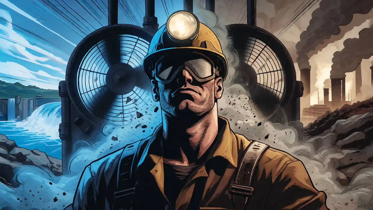 Miner surrounded by heat and pollution from crypto mining operations.