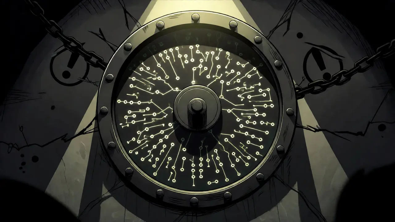 Mysterious unverified vault door surrounded by shadowy warnings