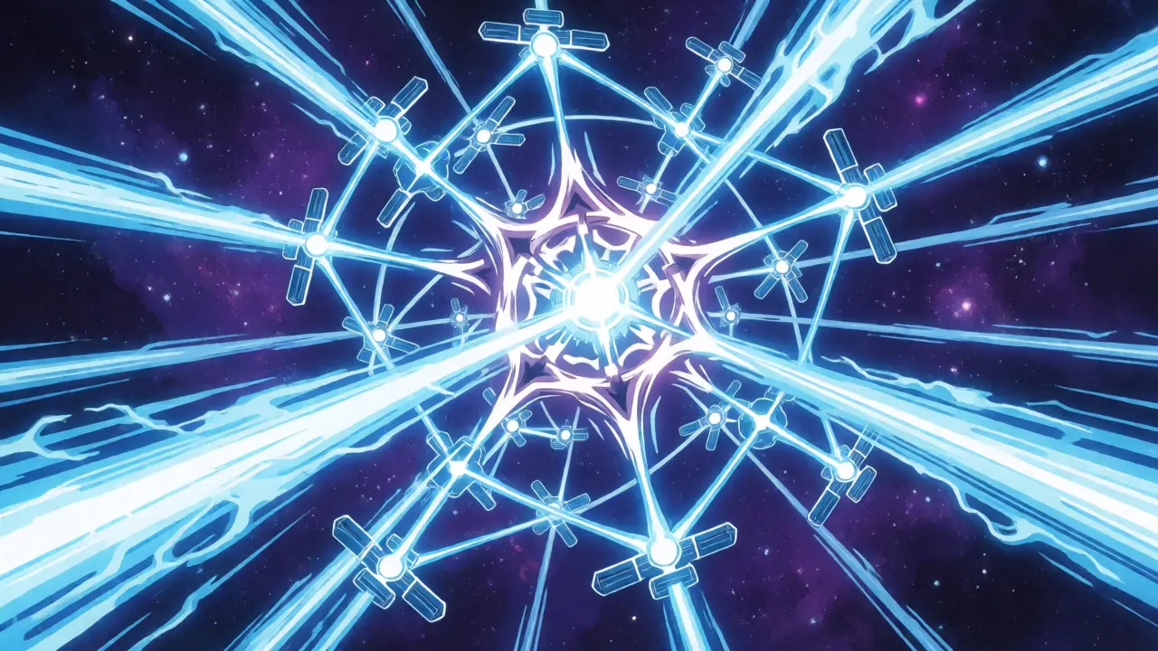 Parallel data streams forming a complex web in space illustrating the fast DAG architecture.