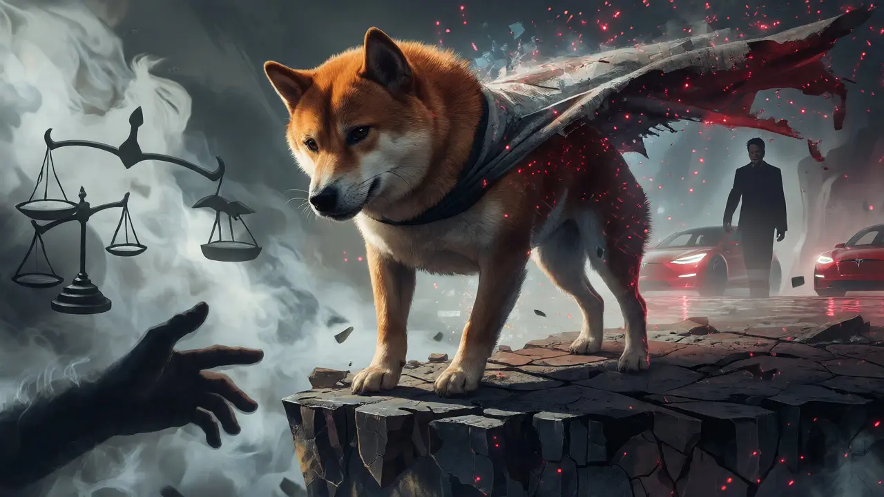 Shiba Inu hero on digital cliff with regulatory shadows