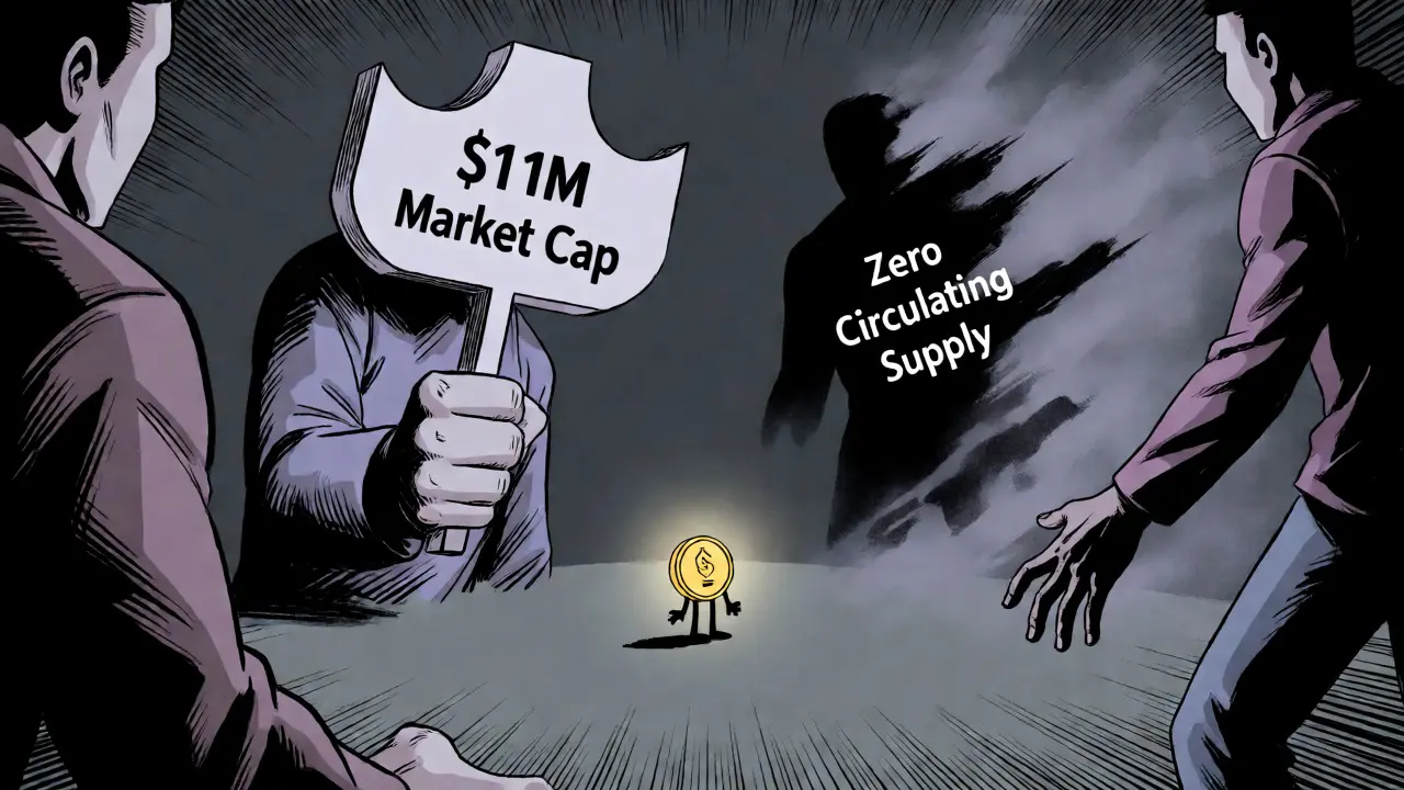 Small crypto token dwarfed by giant conflicting data figures in dark void