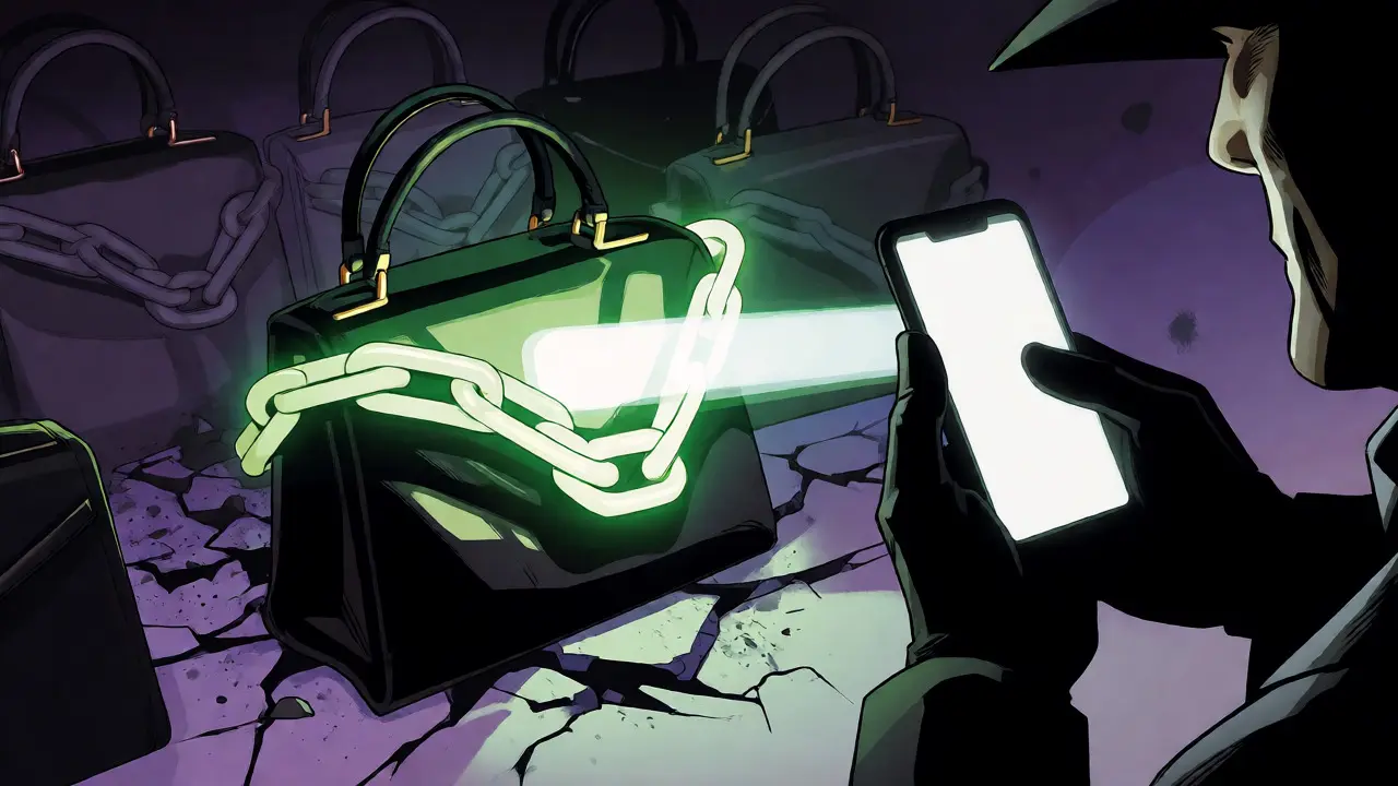 Smartphone scanning a luxury bag revealing a glowing supply chain aura