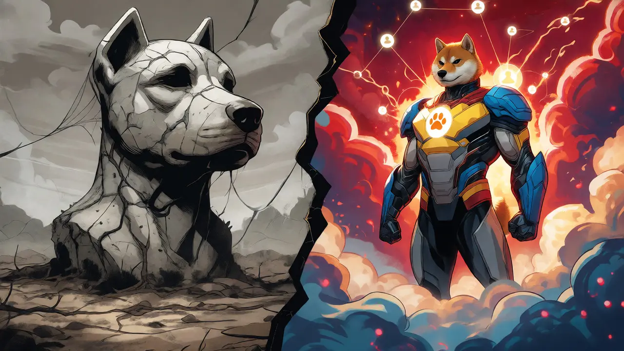 Split scene showing crumbling dog statue versus armored superhero dog.