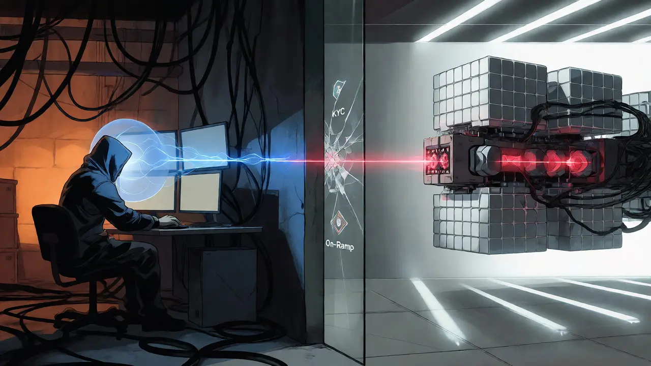 Split scene showing hacker using VPN versus AI blockchain surveillance robot.