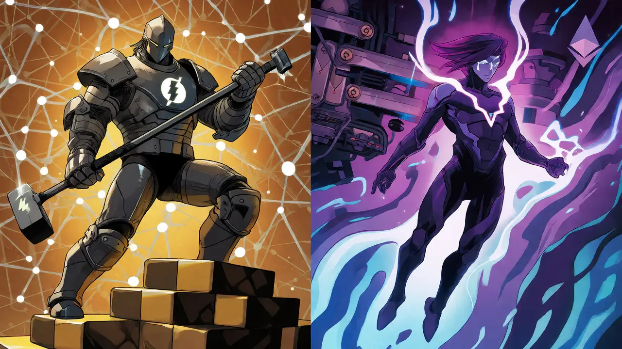 Split-screen comparison of armored Lightning Network knight and agile Raiden Network figure in comic style.