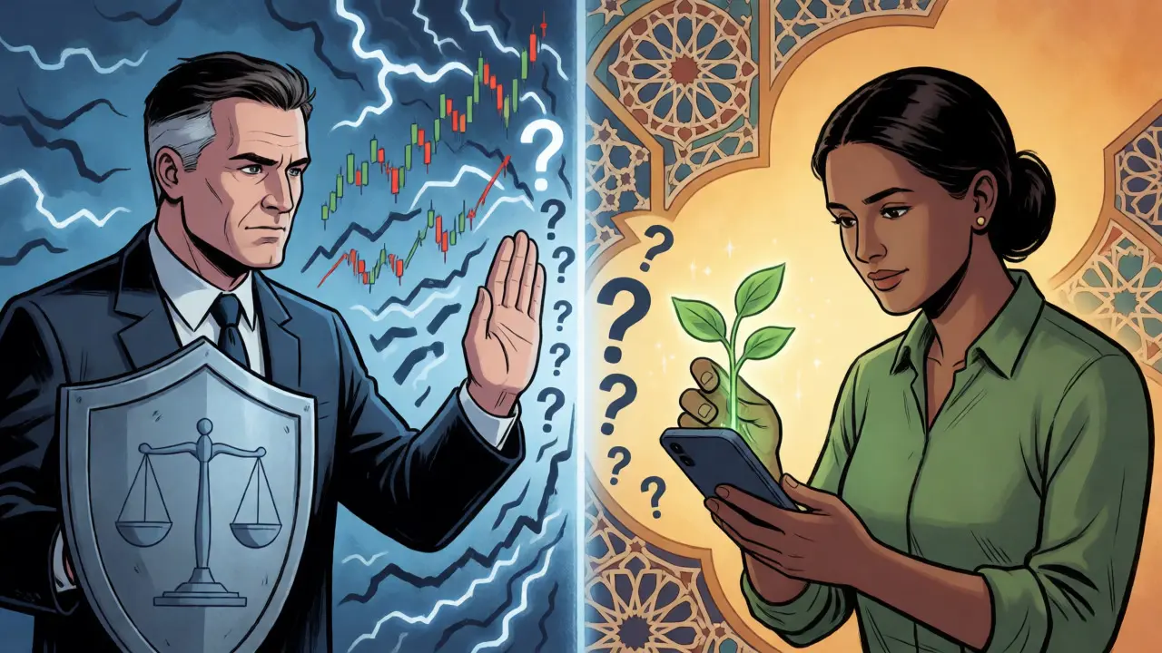 Split screen showing conservative rejection versus progressive acceptance of crypto.