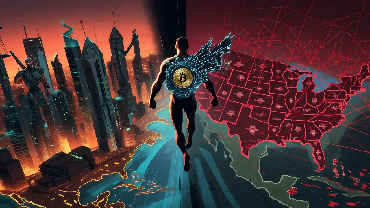 Superhero flying between Dubai's city and US state labyrinth map