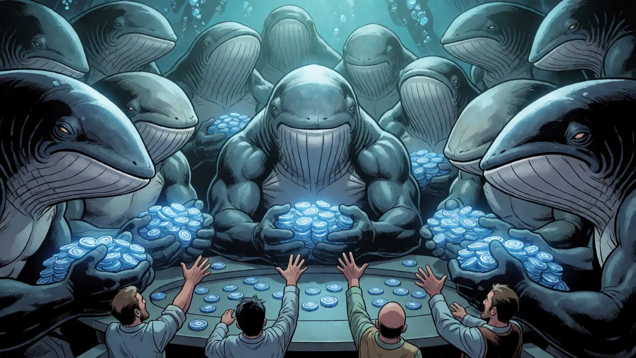 Ten whale figures hoarding tokens while small traders look on helplessly
