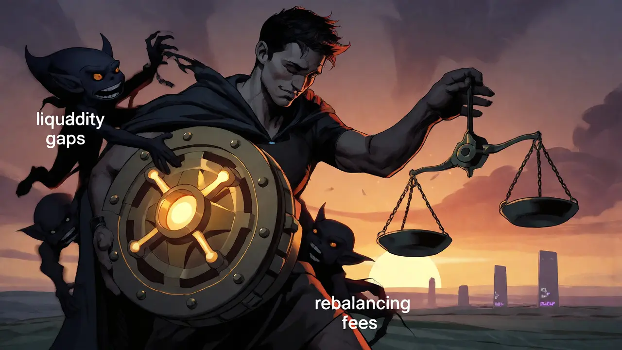 Weary guardian balancing a heavy vault against liquidity goblins, with distant rollup towers in background.