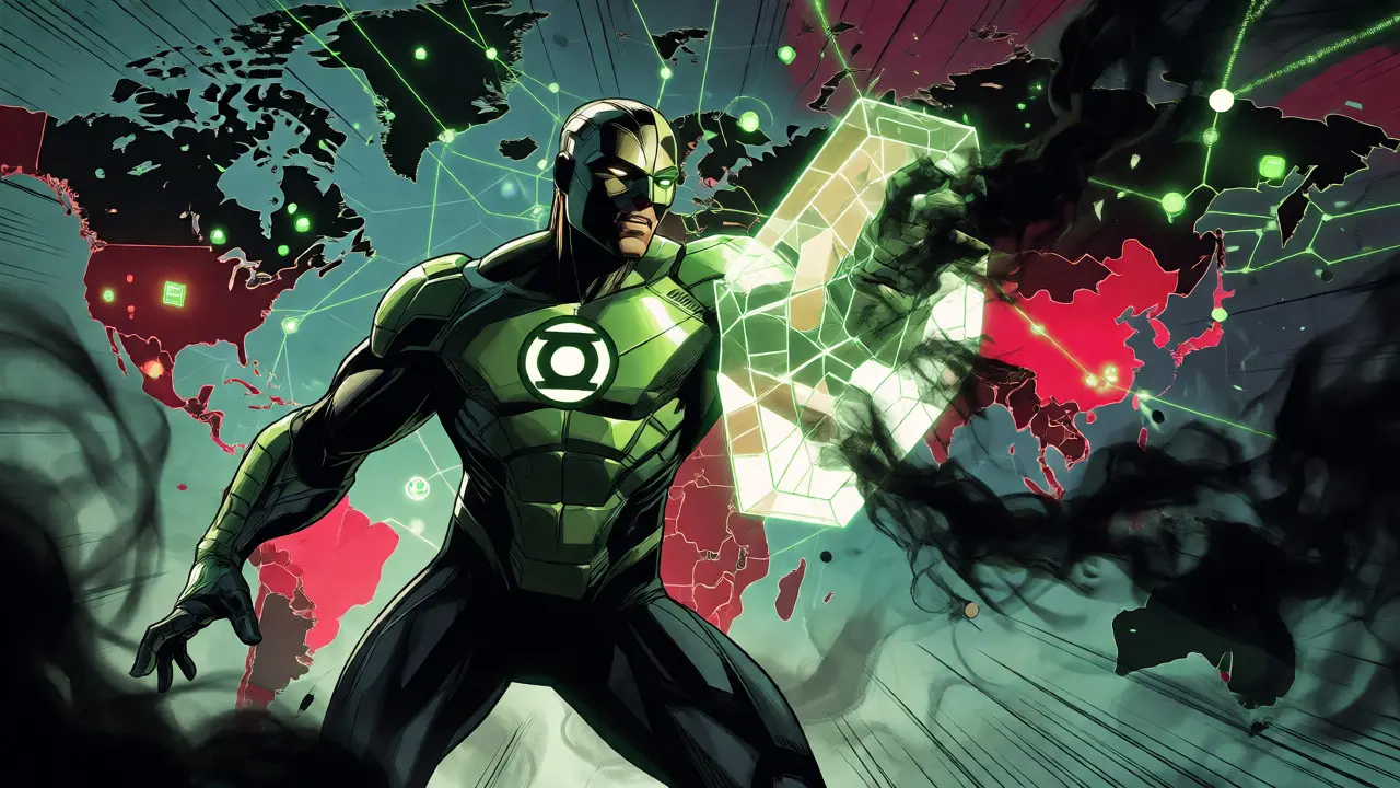 Cyborg-like figure blocking illicit funds with a shield in a blockchain web