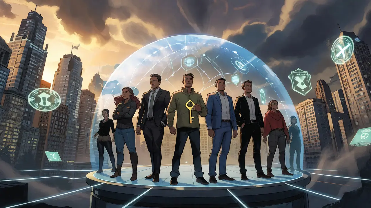 Group uniting under a light dome in a futuristic regulated DeFi city